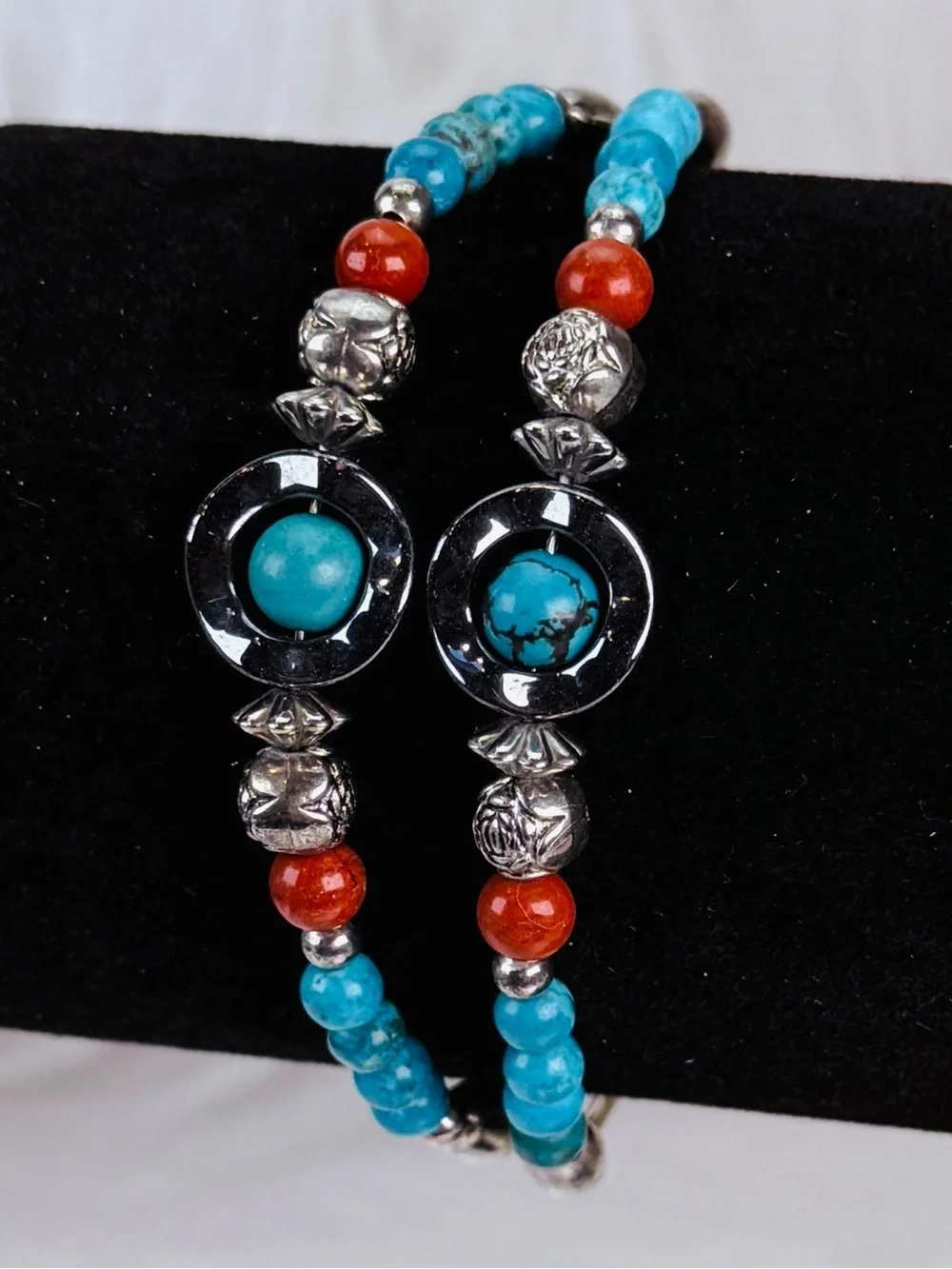 Bohemian southwestern two strand silver tone, handmade costume bracelet